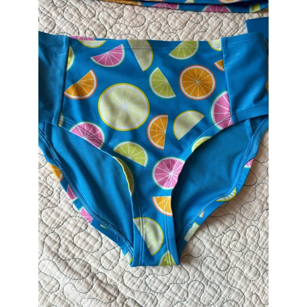 DSG Girls Blue Citrus Fruit Strappy Halter High Waisted Swimsuit‎ Set Size Large